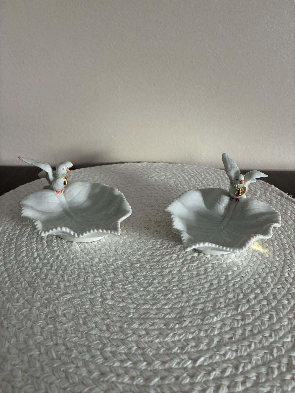 White Ceramic Leaf Dishes with Bird Accent (Pair)